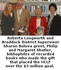 Roberta Longworth and Braddock District Supervisor Sharon Bulova greet, Philip and Margaret Shutler, bibliophiles of recorded books who made the gift that placed the NCLF over the $3 million goal. 
